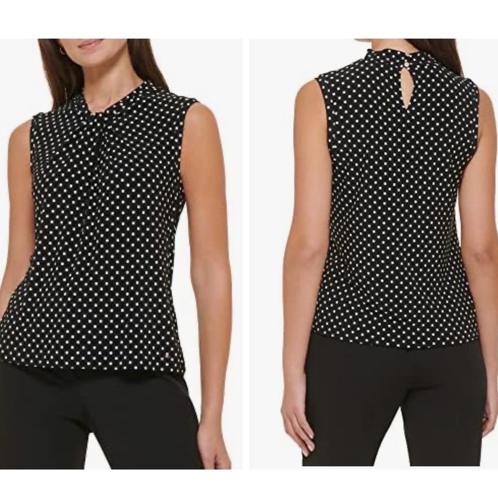 Tommy Hilfiger Navy and White Polka Dot Sleeveless Knot-Neck Blouse Size L‎